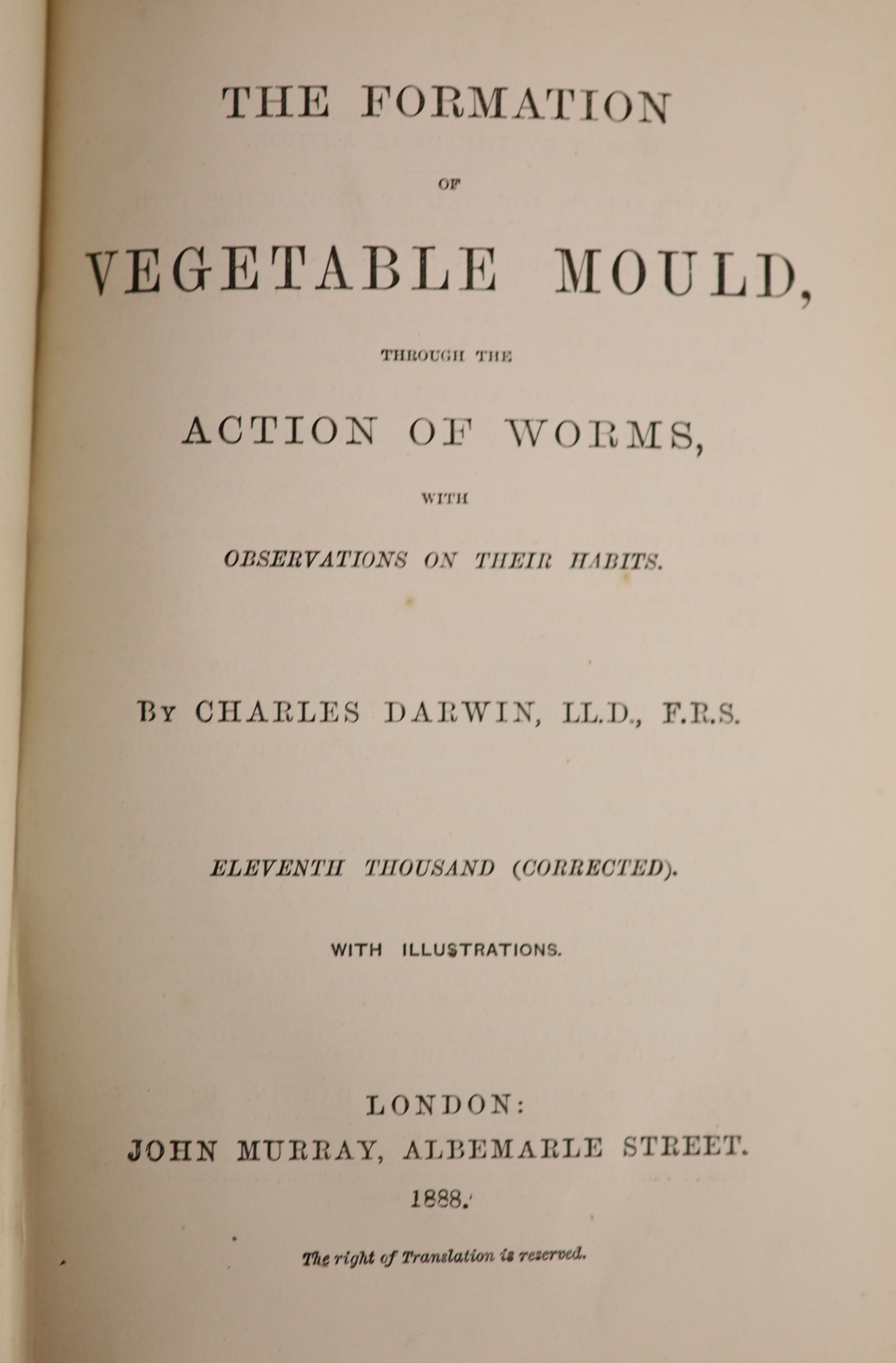 Darwin, Charles - 6 works - The Origin of Species, 6th edition, with folding table, 1886; The Various Contrivances by which Orchids are Fertilised by Insects, 2nd edition, 1888; The Formation of Vegetable Mould through t